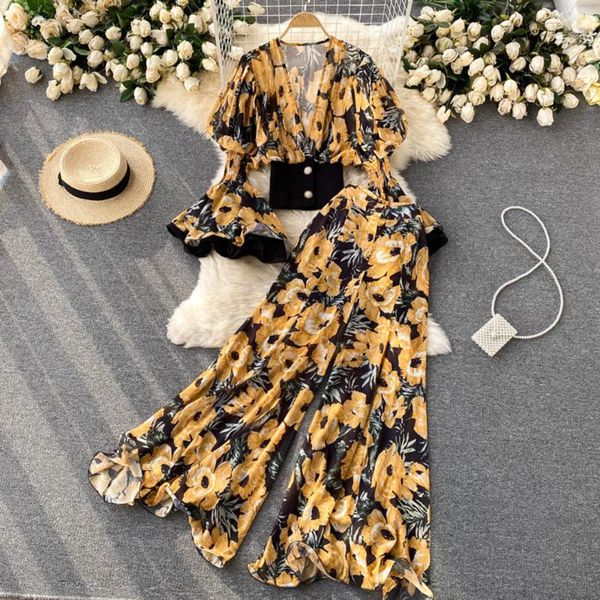 women's two piece pants 2pc bohemian women floral set summer v-neck flare long sleeve single breasted + ruffle high waist suit, White
women's two piece pants 2pc bohemian women floral set summer v-neck flare long sleeve single breasted + ruffle high waist suit, White