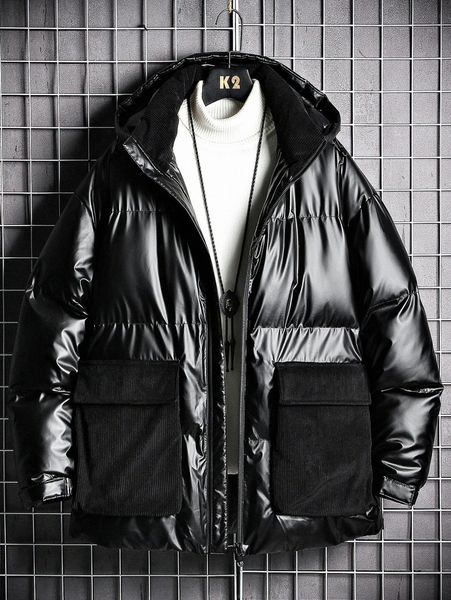 men flap pocket hooded pu leather puffer coat without sweater 81h3#, Black;brown
men flap pocket hooded pu leather puffer coat without sweater 81h3#, Black;brown