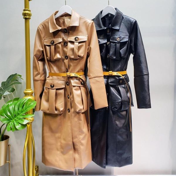 women's leather & faux multi-pocket imitation pu british style windbreaker women single breasted long slim handsome trench jacket, Black
women's leather & faux multi-pocket imitation pu british style windbreaker women single breasted long slim handsome trench jacket, Black