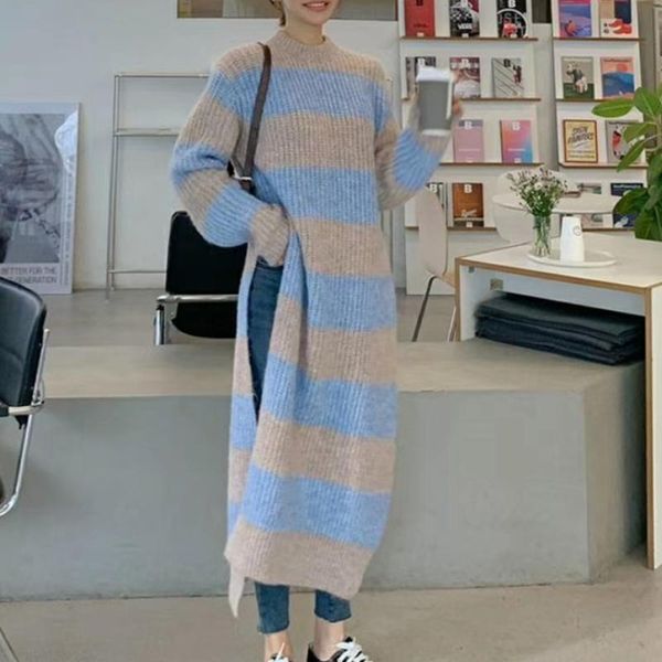 casual dresses elegant o-neck long sleeve sweater dress chic belt side vents knitted robe korean autumn winter striped contrast color vestid, Black;gray
casual dresses elegant o-neck long sleeve sweater dress chic belt side vents knitted robe korean autumn winter striped contrast color vestid, Black;gray
