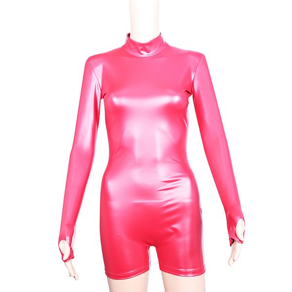 women cosplay latex bodysuit elasitc tight faux leather oil shiny catsuit bodycon playsuit short tights plus size f90, Black;white