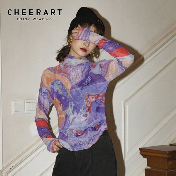 cheerart fluid print turtle neck mesh women long sleeve t shirt purple tee shirt femme spring new arrival 210306, White
cheerart fluid print turtle neck mesh women long sleeve t shirt purple tee shirt femme spring new arrival 210306, White