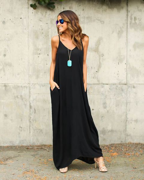 summer beach long dresses women maxi spaghetti strap solid dress pockets irregular design holiday casual dress, Black;gray
summer beach long dresses women maxi spaghetti strap solid dress pockets irregular design holiday casual dress, Black;gray