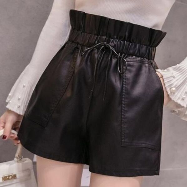women's shorts high waist lace up 2021 flower bud wide leg leather autumn winter korean loose street black women, White;black
women's shorts high waist lace up 2021 flower bud wide leg leather autumn winter korean loose street black women, White;black