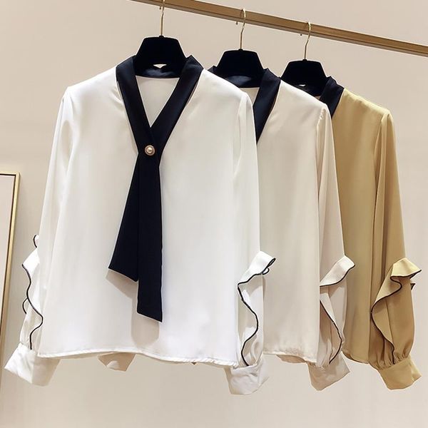 women's blouses & shirts 2021 all match fall women long sleeve designed tie femme fashion v-neck elegant simple autumn, White
women's blouses & shirts 2021 all match fall women long sleeve designed tie femme fashion v-neck elegant simple autumn, White