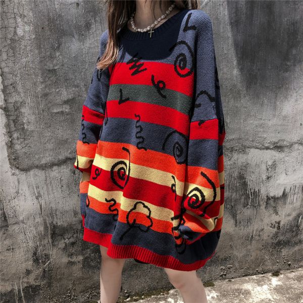 women's casual rainbow stripe loose round neck sweater, urban trend, autumn and winter, novelty, White;black
women's casual rainbow stripe loose round neck sweater, urban trend, autumn and winter, novelty, White;black