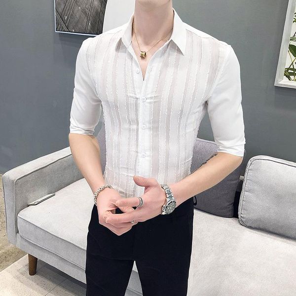 men's casual shirts british style summer hollow out striped men clothing 2021 simple half sleeve slim fit club prom tuxedo dress blouse, White;black
men's casual shirts british style summer hollow out striped men clothing 2021 simple half sleeve slim fit club prom tuxedo dress blouse, White;black