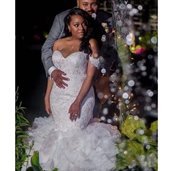 south african vintage mermaid wedding dresses off the shoulder vestido de noiva cascading ruffles organza beaded crystal bridal gowns, White
south african vintage mermaid wedding dresses off the shoulder vestido de noiva cascading ruffles organza beaded crystal bridal gowns, White