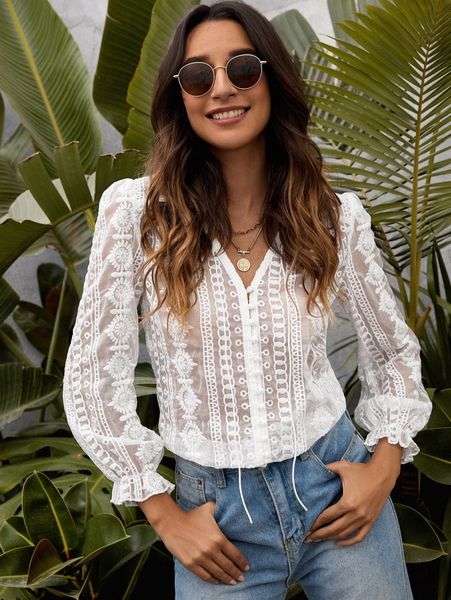 lace sheer flounce sleeve blouse p8e4#, White