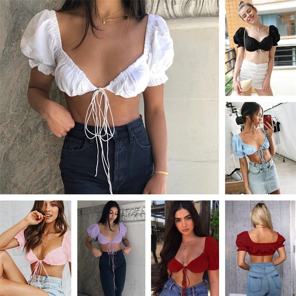 summer women's v-neck t-shirt crop slim chest wrapped back bandage bubble sleeve, White
summer women's v-neck t-shirt crop slim chest wrapped back bandage bubble sleeve, White