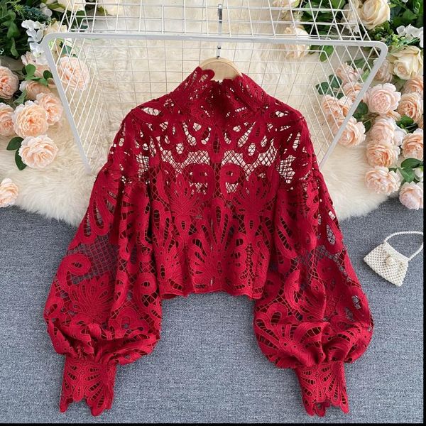 lace hollow out short blouse casual lantern long sleeve stand collar shirts female elegant red pink white loose 2021
lace hollow out short blouse casual lantern long sleeve stand collar shirts female elegant red pink white loose 2021