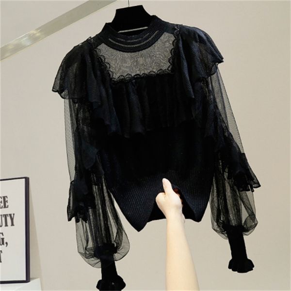 women's knitted shirt retro-knit collar lightbulb seam sweet lotus leaf fine mesh blouse lady 1kza, Black
women's knitted shirt retro-knit collar lightbulb seam sweet lotus leaf fine mesh blouse lady 1kza, Black
