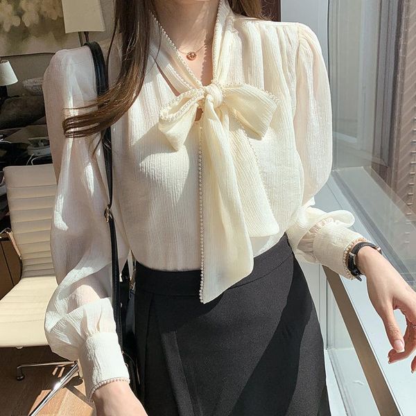 women's blouses & shirts beaded bowknot shirt long sleeve spring and autumn professional temperament fashion french lace-up, White
women's blouses & shirts beaded bowknot shirt long sleeve spring and autumn professional temperament fashion french lace-up, White