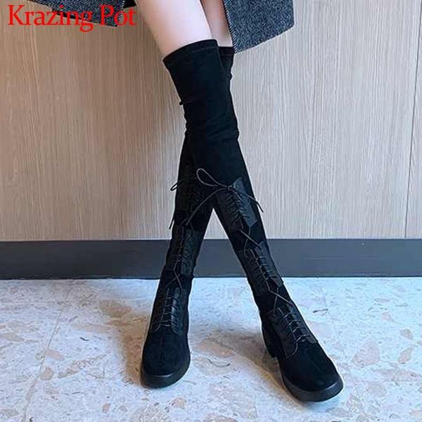 boots krazing pot high street fashion cow leather stretch flock round toe heels chic lace up winter over-the-knee l32, Black
boots krazing pot high street fashion cow leather stretch flock round toe heels chic lace up winter over-the-knee l32, Black