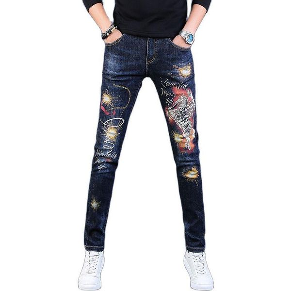 men's jeans high-end 2021 fashion man slim-fit cowboy small foot casual pants printed denim men trousers, Blue
men's jeans high-end 2021 fashion man slim-fit cowboy small foot casual pants printed denim men trousers, Blue