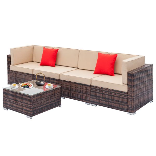 5 pcs rattan modular sofa set includes coffee table corner and armless sofa outdoor leisure sofa set brown gradient
5 pcs rattan modular sofa set includes coffee table corner and armless sofa outdoor leisure sofa set brown gradient