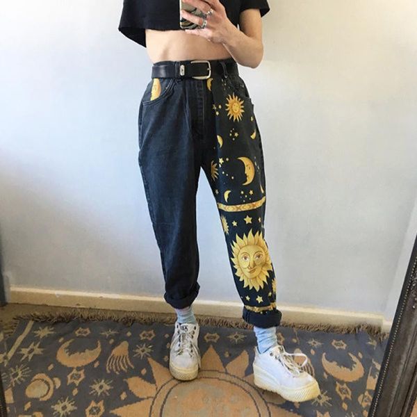 women's jeans 2021 sun star printed pants spring summer vintage black female high waist loose cool boyfriends denim trousers, Blue
women's jeans 2021 sun star printed pants spring summer vintage black female high waist loose cool boyfriends denim trousers, Blue