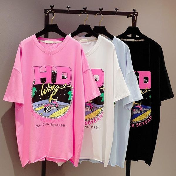 big size summer t-shirts for women v neck cartoon printing cotton medium-long short sleeve loose students tshirts all-match, White
big size summer t-shirts for women v neck cartoon printing cotton medium-long short sleeve loose students tshirts all-match, White
