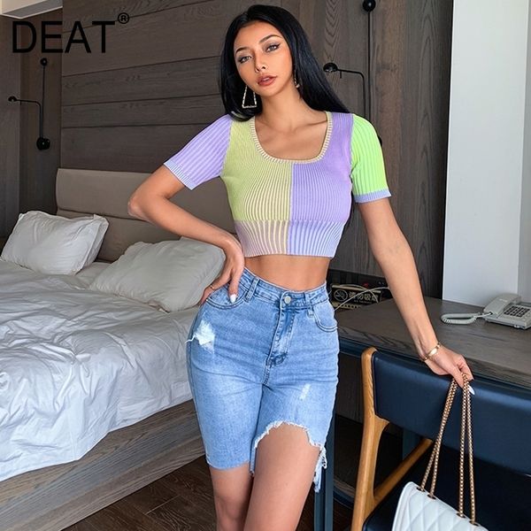 deat 2021 new summer fashion women clothing square collar half sleeves contrast colors pullover short t-shirt wl90814 210315, White
deat 2021 new summer fashion women clothing square collar half sleeves contrast colors pullover short t-shirt wl90814 210315, White