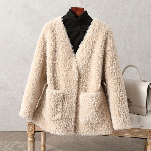 women's fur & faux autumn and winter 2021 grain sheep shearing coat short v-neck all wool, Black
women's fur & faux autumn and winter 2021 grain sheep shearing coat short v-neck all wool, Black