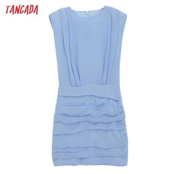 tangada women blue pleated pencil dress sleeveless summer fashion lady dresses robe qj21 210609, Black;gray