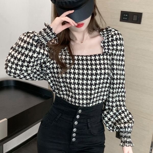 women's knits & tees spring streetwear blusas korean square collar slim blouse women vintage black white houndstooth shirt long sl
women's knits & tees spring streetwear blusas korean square collar slim blouse women vintage black white houndstooth shirt long sl