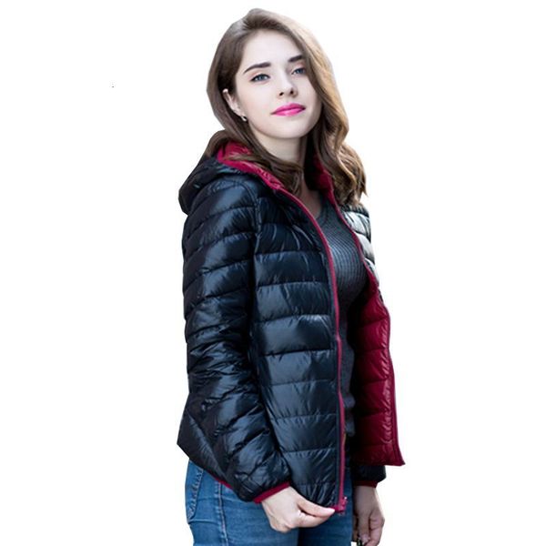 2021 new women ultra light duck down jacket double side reversible winter plus size 4xl feather jackets woman coat t5is, Black