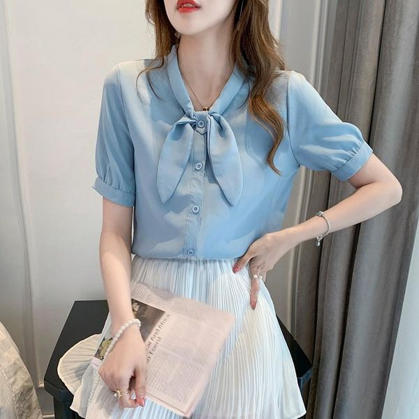 women's blouses & shirts 2021 temperament short-sleeved bow tie chiffon shirt female summer design sense niche blue blouse retro, White
women's blouses & shirts 2021 temperament short-sleeved bow tie chiffon shirt female summer design sense niche blue blouse retro, White