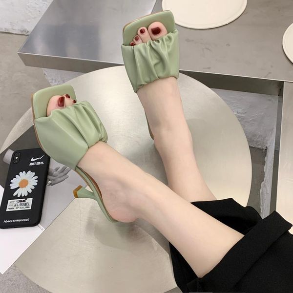 slippers 2021 summer high heel women pu leather pleated outdoor elegant square toe thin sandals, Black
slippers 2021 summer high heel women pu leather pleated outdoor elegant square toe thin sandals, Black