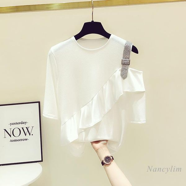 women's t-shirt off shoulder tshirt women 2021 summer design rhinestone t-shirts round neck ruffled patch loose all-matching white blac
women's t-shirt off shoulder tshirt women 2021 summer design rhinestone t-shirts round neck ruffled patch loose all-matching white blac