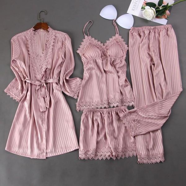 4pcs pajamas suit for women striped satin sleepwear pijamas suit kimono bathrobe gown home clothes lace patchwork homewear, Black;red
4pcs pajamas suit for women striped satin sleepwear pijamas suit kimono bathrobe gown home clothes lace patchwork homewear, Black;red