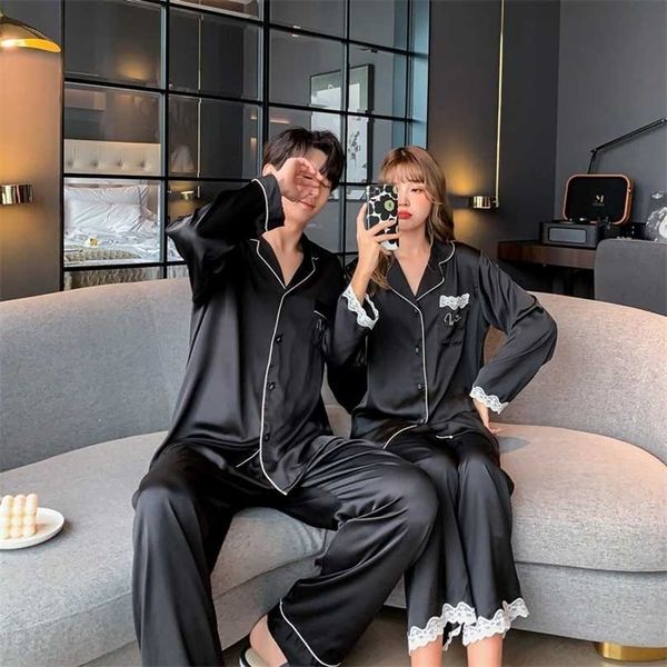 spring women's pajamas set luxury style lace fashion solid color sleepwear silk like couple home clothes nightwear for men 211109, Black;red
spring women's pajamas set luxury style lace fashion solid color sleepwear silk like couple home clothes nightwear for men 211109, Black;red
