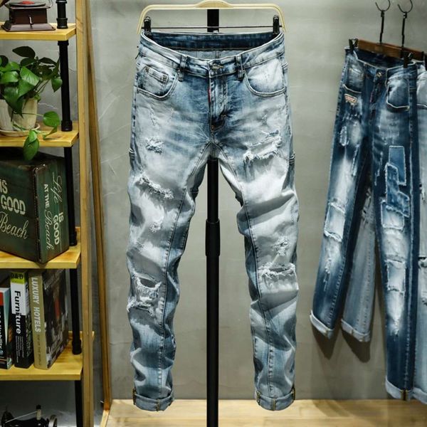 spring and summer personality nine point hole stretch jeans men's slim little feet fashion smart casual pants, Blue
spring and summer personality nine point hole stretch jeans men's slim little feet fashion smart casual pants, Blue