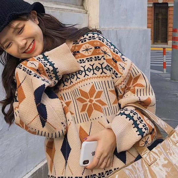 women's sweaters 2021 autumn loose sweet wild retro diamond plaid knitted sweater round neck pullover fashion, White;black
women's sweaters 2021 autumn loose sweet wild retro diamond plaid knitted sweater round neck pullover fashion, White;black