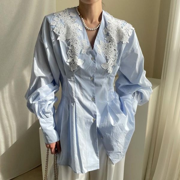 women's blouses & shirts korean chic temperament soft blouse blue v-neck hollowed out lace pleated single breasted lantern sleeve shirt, White
women's blouses & shirts korean chic temperament soft blouse blue v-neck hollowed out lace pleated single breasted lantern sleeve shirt, White