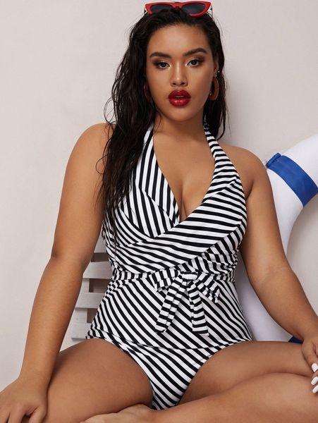 plus striped knot one piece swimsuit d8fv#, Black