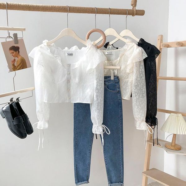 women's polos ruffled v-neck single-breasted lace-up puff sleeve shirt early spring korean temperament short style doll top, White
women's polos ruffled v-neck single-breasted lace-up puff sleeve shirt early spring korean temperament short style doll top, White