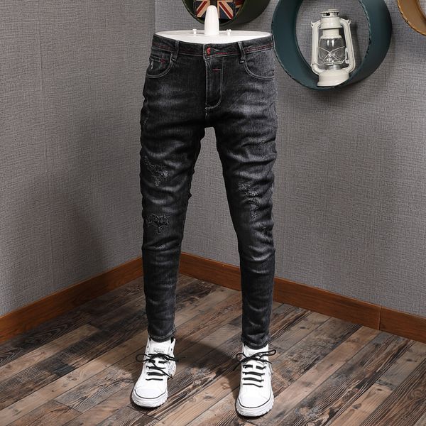 2021 new japanese style fashion black slim fit elastic ripped men denim pencil pants streetwear vintage designer jeans rpwe, Blue
2021 new japanese style fashion black slim fit elastic ripped men denim pencil pants streetwear vintage designer jeans rpwe, Blue