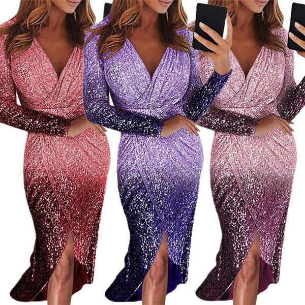 casual dresses women deep v neck gradient color front wrapped hem shiny sequins midi dress party elegant female summer, Black;gray
casual dresses women deep v neck gradient color front wrapped hem shiny sequins midi dress party elegant female summer, Black;gray