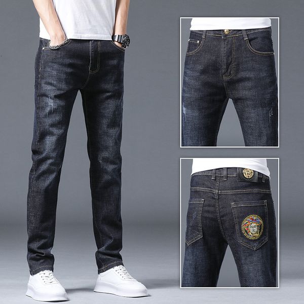 jeans slim fit small feet elastic leisure fashion brand embroidered personalized middle waist style young men's autumn and winter, Blue
jeans slim fit small feet elastic leisure fashion brand embroidered personalized middle waist style young men's autumn and winter, Blue