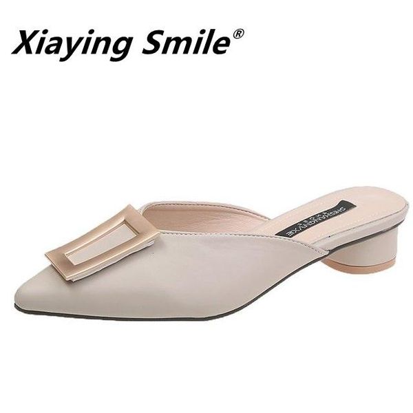 slippers xiaying smile 2021 spring wild pointed square buckle baotou half women, Black
