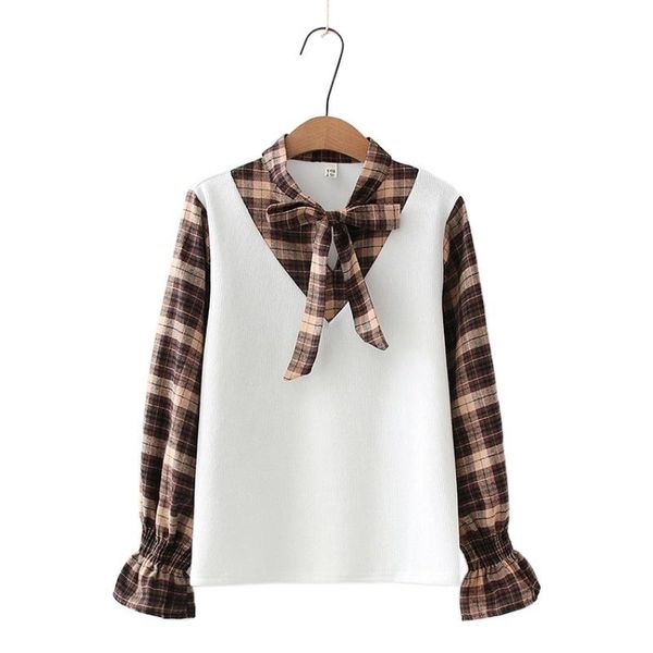 women's blouses & shirts corduroy plaid patchwork women fake two pieces blouse 2021 autumn petal sleeve turndown collar lace up female, White
women's blouses & shirts corduroy plaid patchwork women fake two pieces blouse 2021 autumn petal sleeve turndown collar lace up female, White