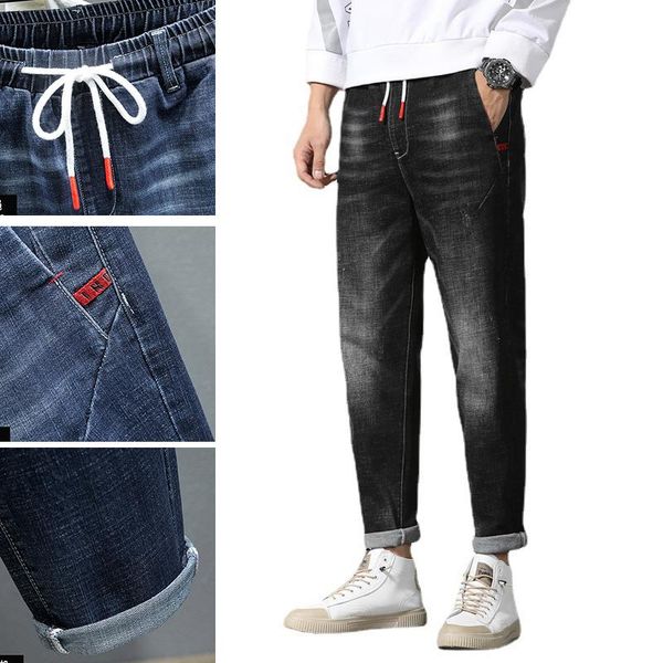 men high waist deep elastic waist long pants jeans men loose straight large size stretch harlan feet, Blue 
men high waist deep elastic waist long pants jeans men loose straight large size stretch harlan feet, Blue