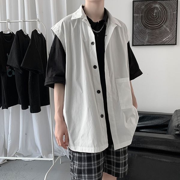men's casual shirts summer sleeveless fashion black white men streetwear korean loose dress mens -2xl 06n7, White;black
men's casual shirts summer sleeveless fashion black white men streetwear korean loose dress mens -2xl 06n7, White;black