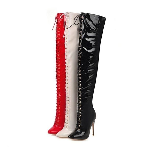 boots fashion lace up 12cm heel knee slim 48, Black