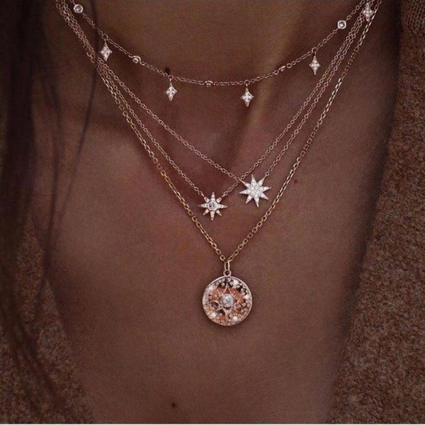 pendant necklaces three layers necklace star round disc crystal bead acrylic metal chain choker gold color plated clothes accessory, Silver
pendant necklaces three layers necklace star round disc crystal bead acrylic metal chain choker gold color plated clothes accessory, Silver