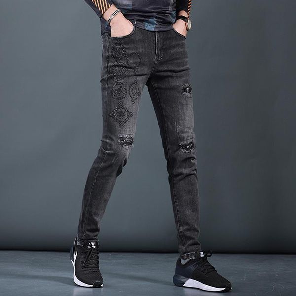 men's jeans black ripped men fashion appliques slim fit pencil pants korean style patch hole stretch denim trousers, Blue
men's jeans black ripped men fashion appliques slim fit pencil pants korean style patch hole stretch denim trousers, Blue