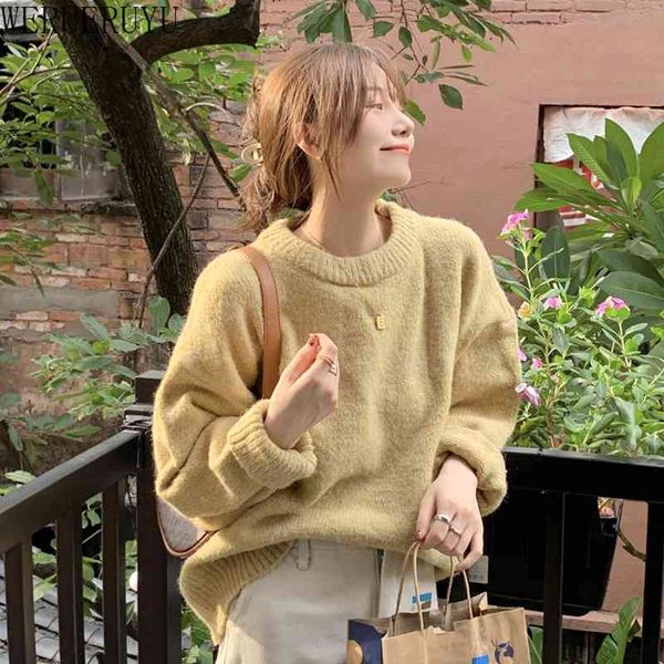 werueruyu winter retro style lantern style loose shape round collar solid color pullover knitwear women sweater 210608, White;black
werueruyu winter retro style lantern style loose shape round collar solid color pullover knitwear women sweater 210608, White;black