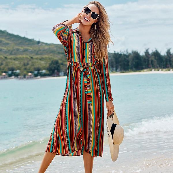 women's swimwear rayon striped belt skirt loose beach holiday sun protection bikini blouse swimsuit, White;black
women's swimwear rayon striped belt skirt loose beach holiday sun protection bikini blouse swimsuit, White;black