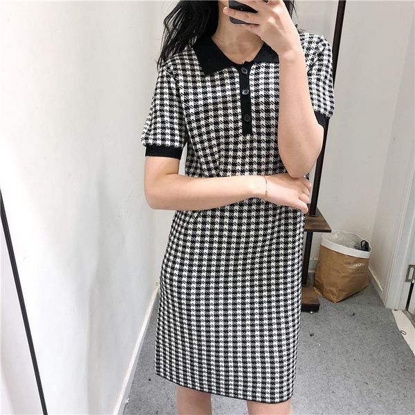 small square dress knitted short sleeve plaid contrast small lapel high fairy dress, Black;gray
small square dress knitted short sleeve plaid contrast small lapel high fairy dress, Black;gray